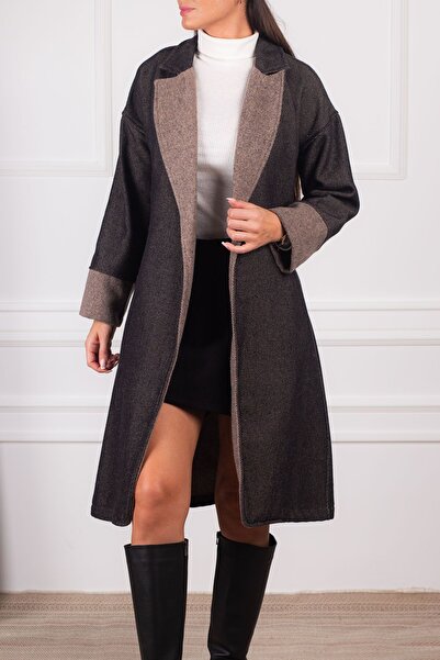 armonika معطف كشمير طويل بلونين وحزام خصر من المنك للنساء ARM-24K001015
