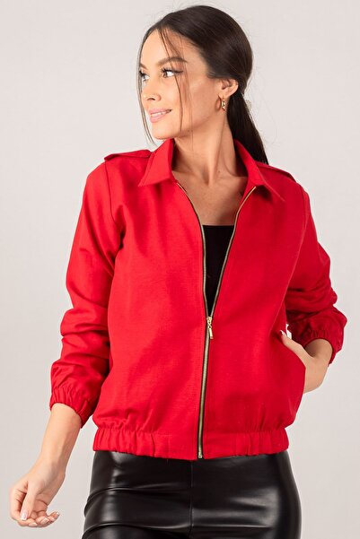 armonika Women's Red Front Zippered Gabardine Coat ARM-22K001068