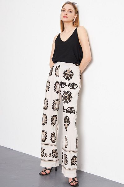 armonika Black Linen Patterned Women's Palazzo Trousers - Pockets, ARM-24Y001069