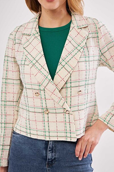 armonika Γυναικείο Πράσινο Διπλό Μπουφάν Tweed Crop γιακά ARM-24K001014