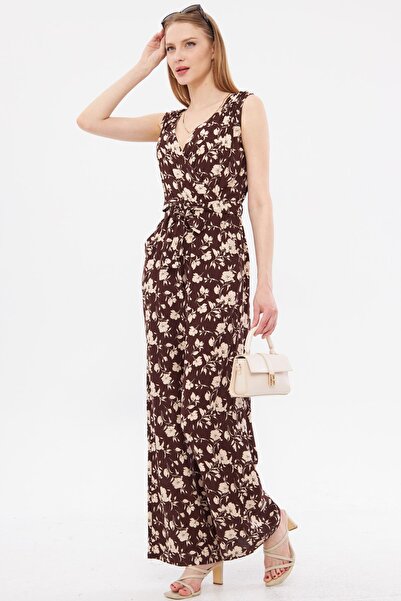 armonika Tamno smeđi Kruvaze izrez i Sa detaljem na ramenu V kombinezon sa re...