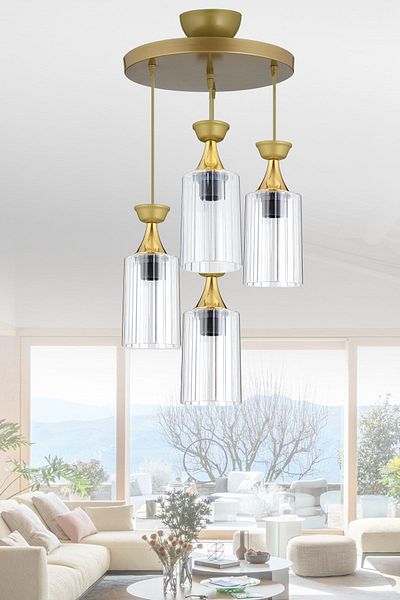 Kraliçe Modern 4-Piece Pendant Tray Antique Pipe Mica Glass Chandelier, Stylish and Transparent Design