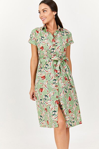 armonika Kadın Yeşil Gül Desen Beli Bağlamalı Kemerli Kısa Kol Gömlek Elbise ...