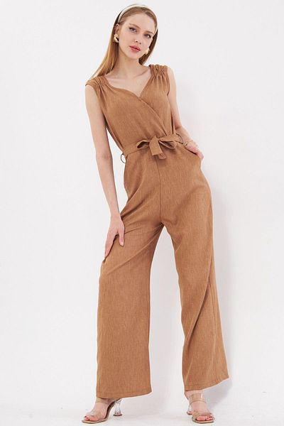 armonika Mink Long Women's Jumpsuit with Double Breasted Collar and Shoulder Detail - V Belted, ARM-24Y001049