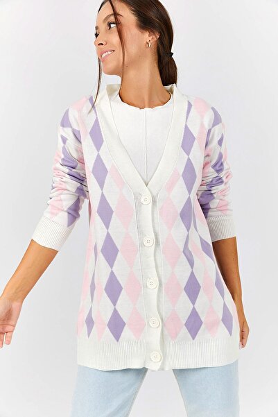 armonika Cardigan oversize cu nasturi cu model Baklava pudrat pentru femei, b...