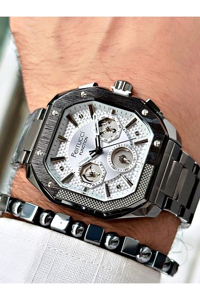 Ferrucci men's Functional Wristwatch - Square Pattern, Smoke Color, Steel Cord + Bracelet Gift