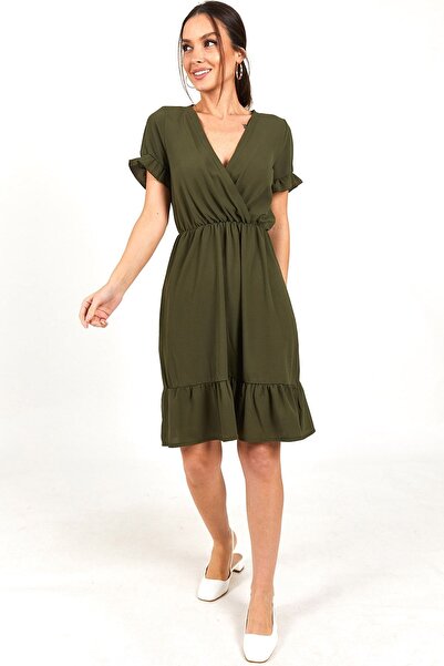 armonika Γυναικείο φόρεμα κρεπ κοντομάνικο χακί με διπλό στήθος μέσης λάστιχο...