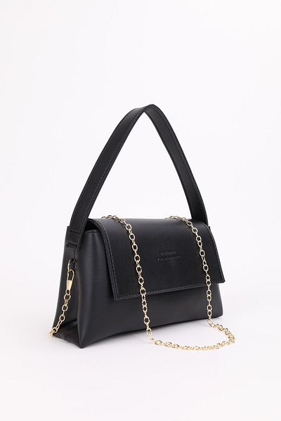 NOTHING Black Women's Mini Baguette - Cross Gold Chain Strap, Hand and Shoulder Bag