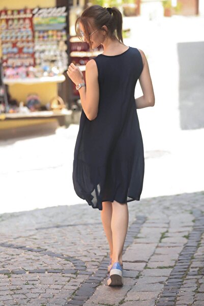 armonika Női sötétkék ujjatlan szoknya fodros ruha ARM-18Y001156