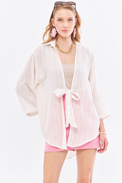 armonika Cămașă kimono pentru femei de culoare pudra - cravată în față, dungi...