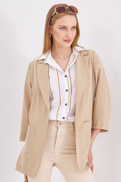 armonika Beige Oversize Linen Jacket - With Pockets, ARM-24Y001065