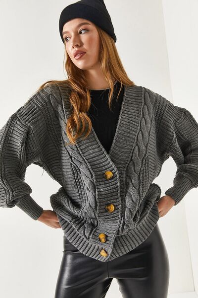 armonika Women's Smoked Hair Braid Detail Buttoned Cardigan Arm-22Y012028