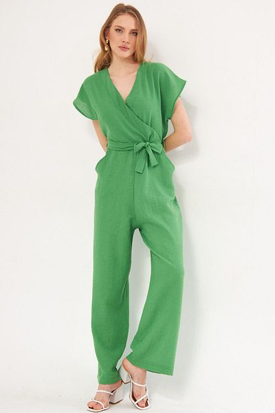 armonika Women's Green Deka Jumpsuit Double Breasted Collar Belted Pocket Sleeveless ARM-24Y001031