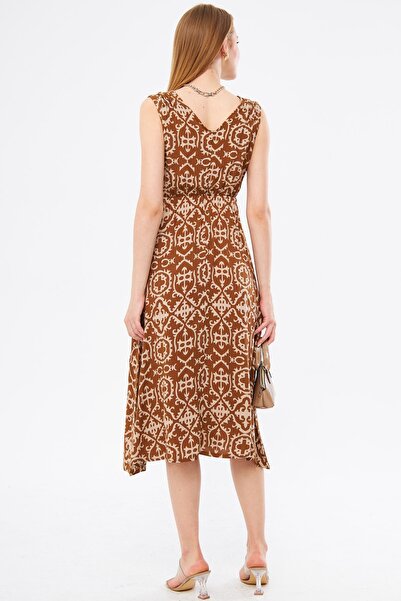 armonika Жіночі світло-коричневі з візерунком талії плечі еластичні двобортний комір довжина спідниці міді плаття Arm-24y001052