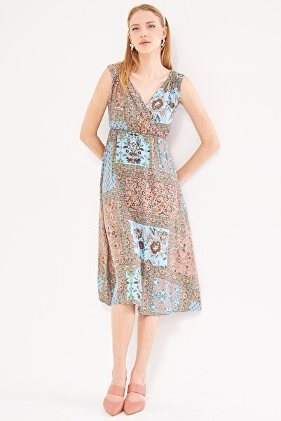 armonika Rochie midi cu model albastru baby cu guler dublu - elastic pe talie si pe umeri ARM-24Y001052