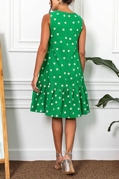 armonika Γυναικείο φόρεμα με βολάν αμάνικη φούστα με πράσινη μαργαρίτα ARM-22Y001123