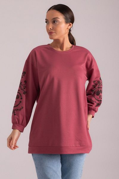 armonika Women's Dusty Rose Round Neck Sleeve Embossed Tunic ARM-21K024033