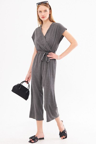 armonika Anthrazitfarbener zweireihiger Damen-Jumpsuit mit Gürtel an der Taille ARM-20Y042008
