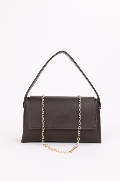 NOTHING Γυναικεία μίνι μπαγκέτα σε χρώμα καφέ - Χρυσό λουράκι με αλυσίδα, τσάντα χειρός και ώμου