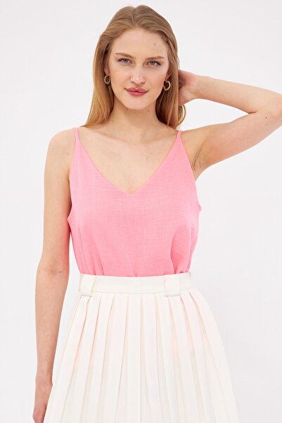 armonika Neon Pink Linen Look Women's Blouse - With Strap, ARM-24Y001064