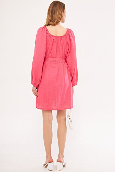 armonika Γυναικείο Ροζ Φόρεμα Ikositria Carmen γιακά με ζώνη μέσης Mini Size ARM-24Y001046