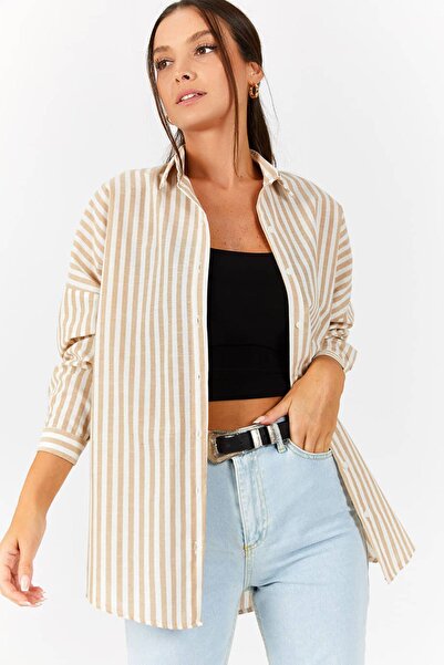 armonika Kadın Bej Çizgili Oversize Uzun Basic Gömlek ARM-22Y001129