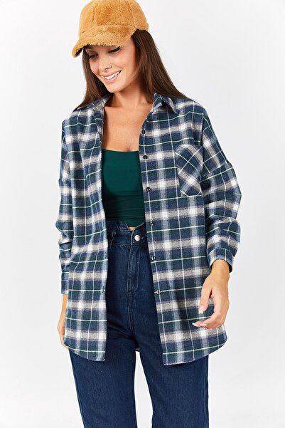 armonika Cămașă oversize cu model în carouri smarald ARM-22Y001177