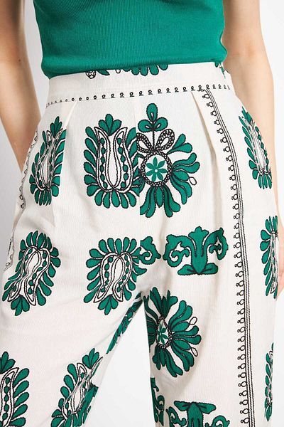 armonika Emerald Patterned Linen Palazzo Trousers - Pockets, ARM-24Y001069