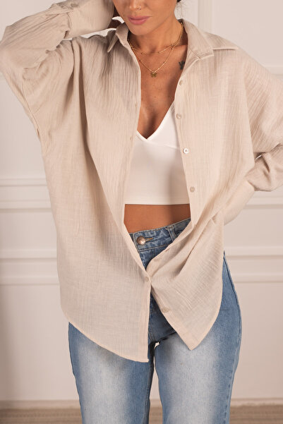 armonika Női krémszínű, túlméretezett texturált vászon megjelenésű széles mandzsetta ing kar-24k001001