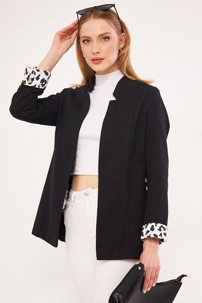 armonika Women's Black Ikosiena Jacket Stand Collar Sleeve Leopard Pattern ARM-24Y001044