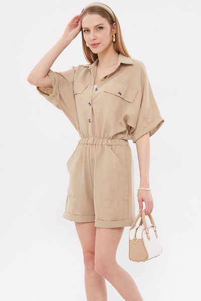 armonika Beige Women's Jumpsuit - Shorts with Bat Sleeve, Pockets and Elastic Waist ARM-23Y001075