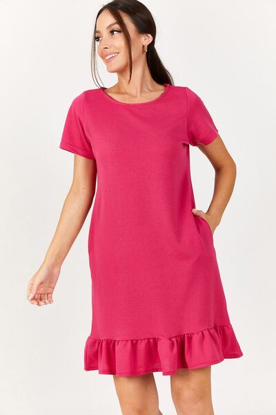 armonika Γυναικείο φούξια κοντομάνικο φόρεμα έξι βολάν ARM-20Y001032