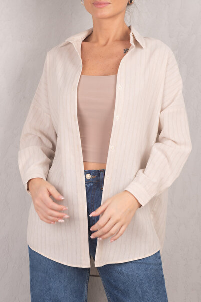 armonika Ženska krem prugasta široka osnovna košulja ARM-24K001061