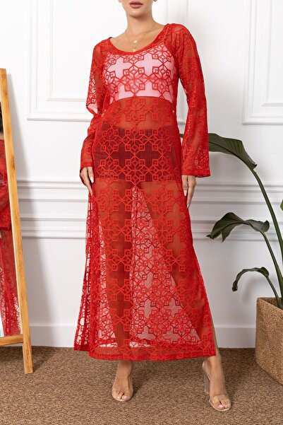 armonika Γυναικείο φόρεμα Long Beach με κόκκινο πλαϊνό σχέδιο ARM-23Y001122