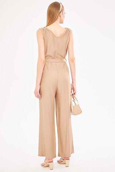 armonika Milk Brown Colored Long Women's Jumpsuit with Double Breasted Collar and Shoulder Detail - V Belted, ARM-24Y001049