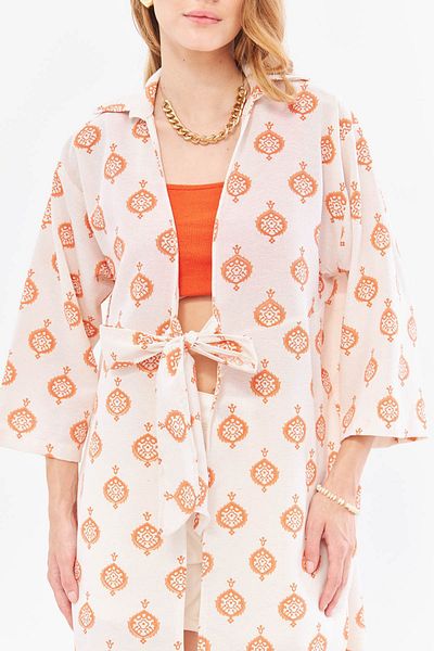 armonika Kimono Midi din in portocaliu - Cravata fata, ARM-24Y001096