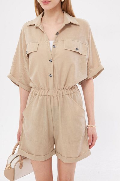armonika Beige Women's Jumpsuit - Shorts with Bat Sleeve, Pockets and Elastic Waist ARM-23Y001075