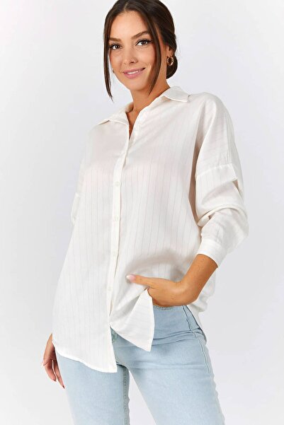 armonika Γυναικείο πουκάμισο σε σκόνη ροζ ριγέ Oversize μακρύ βασικό πουκάμισ...