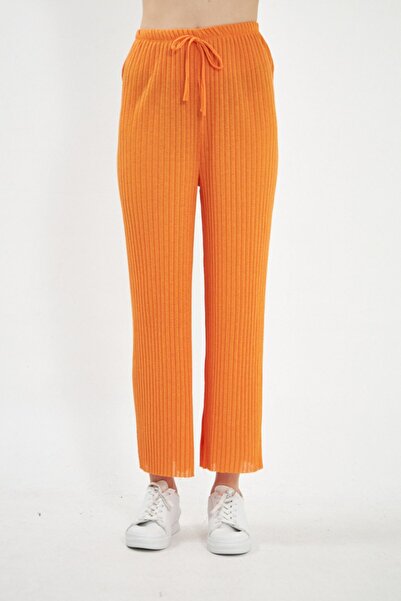 armonika Women's Orange Elastic Waist Ribbed Knitwear Trousers ARM-22K105002