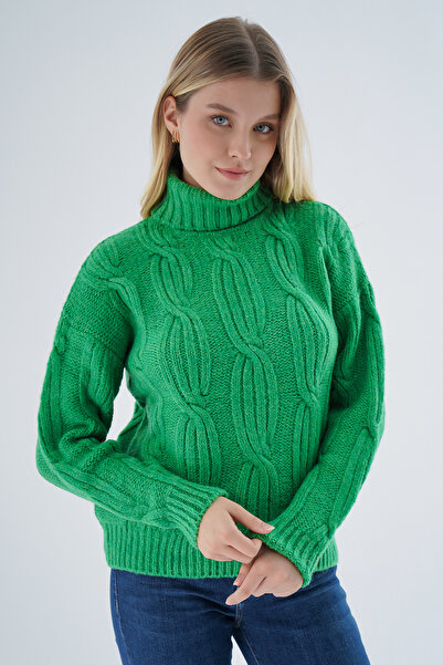 Trist Star Kadın Yeşil Oversize Balıkçı Yaka Selanik Saç Örgülü Yünlü Özel İp...