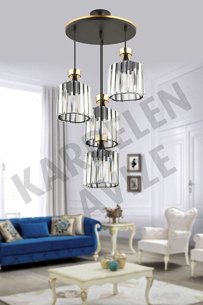 Kraliçe Luxury Chandelier - Black 4-Piece Pendant Lamp with Yellow Strip and Crystal Stones