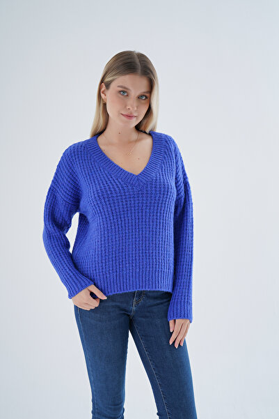 Trist Star Kobalt plava Šareni Oversize kroj V-izrez pleteni džemper - Selani...