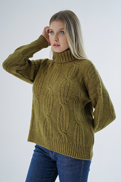 Trist Star Γυναικείο πλεκτό πουλόβερ σε χρώμα ελιάς - ζιβάγκο, πλεκτά μαλλιά, μαλλί TRIST-6159