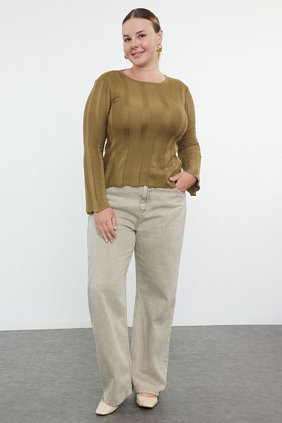Trendyol Curve Ölgrüner Strickpullover mit Kordelzug und Rundhalsausschnitt TBBAW25AN00044