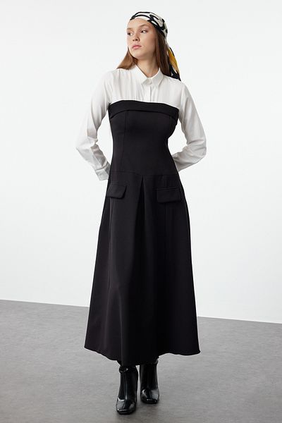 Trendyol Modest Košilový límec černé tkané šaty - TCTAW25EB00076