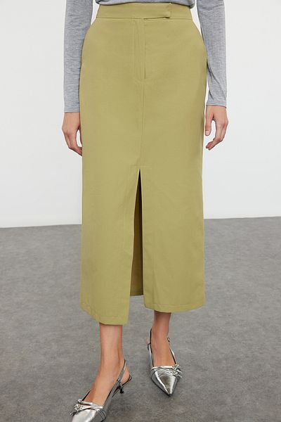Trendyol Collection Khaki Premium egyenes elöl hasított Midi szövött szoknya TWOSS24ET00071