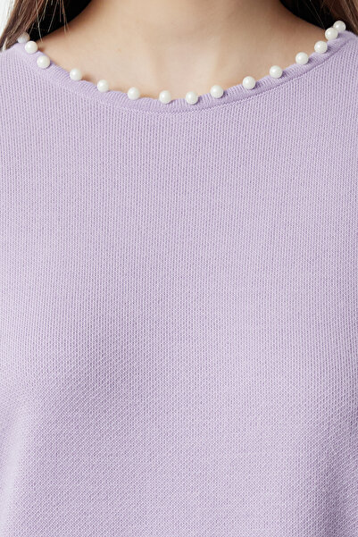 Trendyol Modest Pulover Tricotaj Liliac cu Perle - TCTAW25AK00014