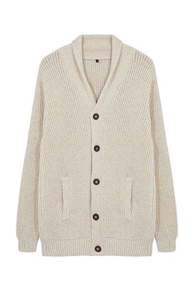 Trendyol Collection Beige Regular Fit Woll-Strickjacke mit Schalkragen TMNAW22HI0134