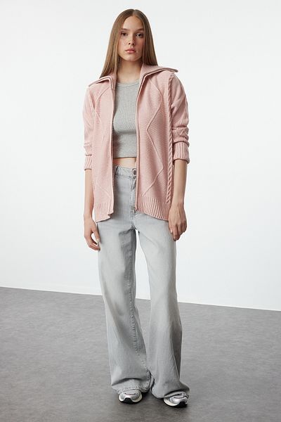 Trendyol Collection Soft Textured Pink Hooded Zippered Knitwear Cardigan - Twoaw25Hi00227