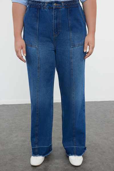 Trendyol Curve Kermeri Knit s vysokým pasem Detailní Široká noha Velká velikost Jenas - Modrá TBBAW25CJ00018